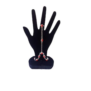 Pulseira Indiano Com Anel Pedra Coral Vermelha