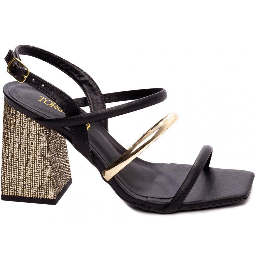 Sandália Feminina Salto Grosso Metal Speechio Ouro Preto Torricella