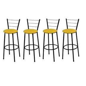 Kit 4 Banquetas Altas Preta com Encosto Assento Amarelo