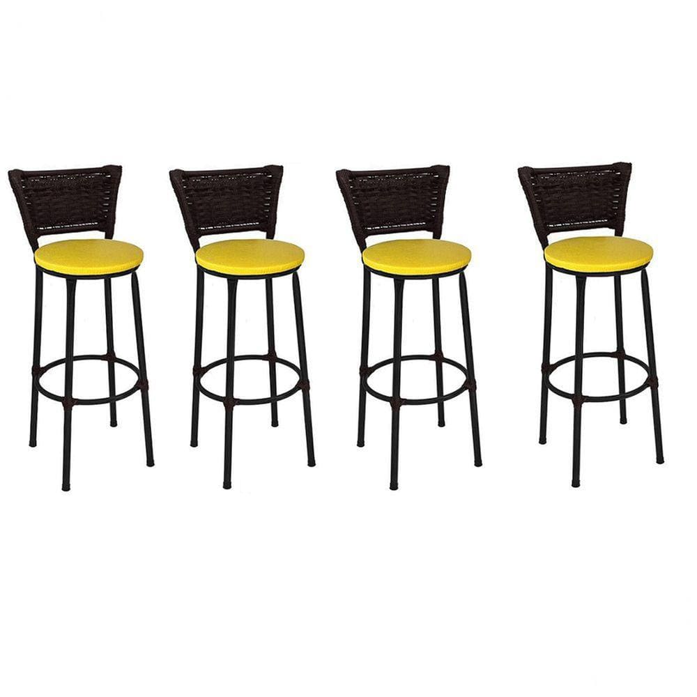 Kit 4 Banquetas Altas Preta com Encosto Junco Argila Assento Amarelo