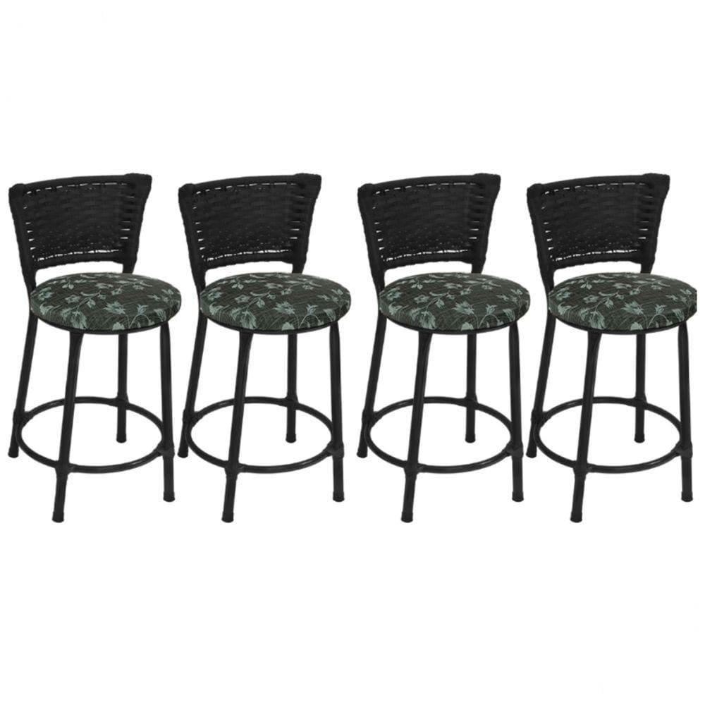 Kit 4 Banquetas Baixas Preta com Encosto Junco Preto Assento Estampado
