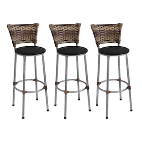 Kit 3 Banquetas Altas Prata com Encosto Junco Capuccino Assento Preto