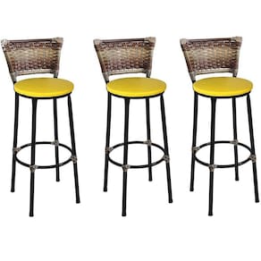 Kit 3 Banquetas Altas Preta com Encosto Junco Capuccino Assento Amarelo