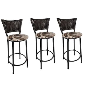 Kit 3 Banquetas Altas Preta com Encosto Junco Argila Assento Floral Marrom