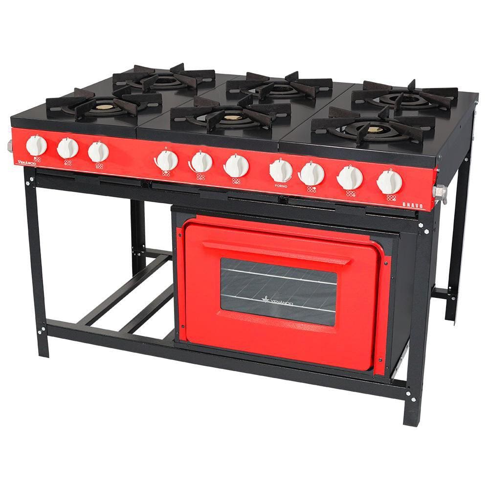 Fogão Profissional Venâncio 6 Bocas Linha Bravo com Forno Vermelho BR6BFVM