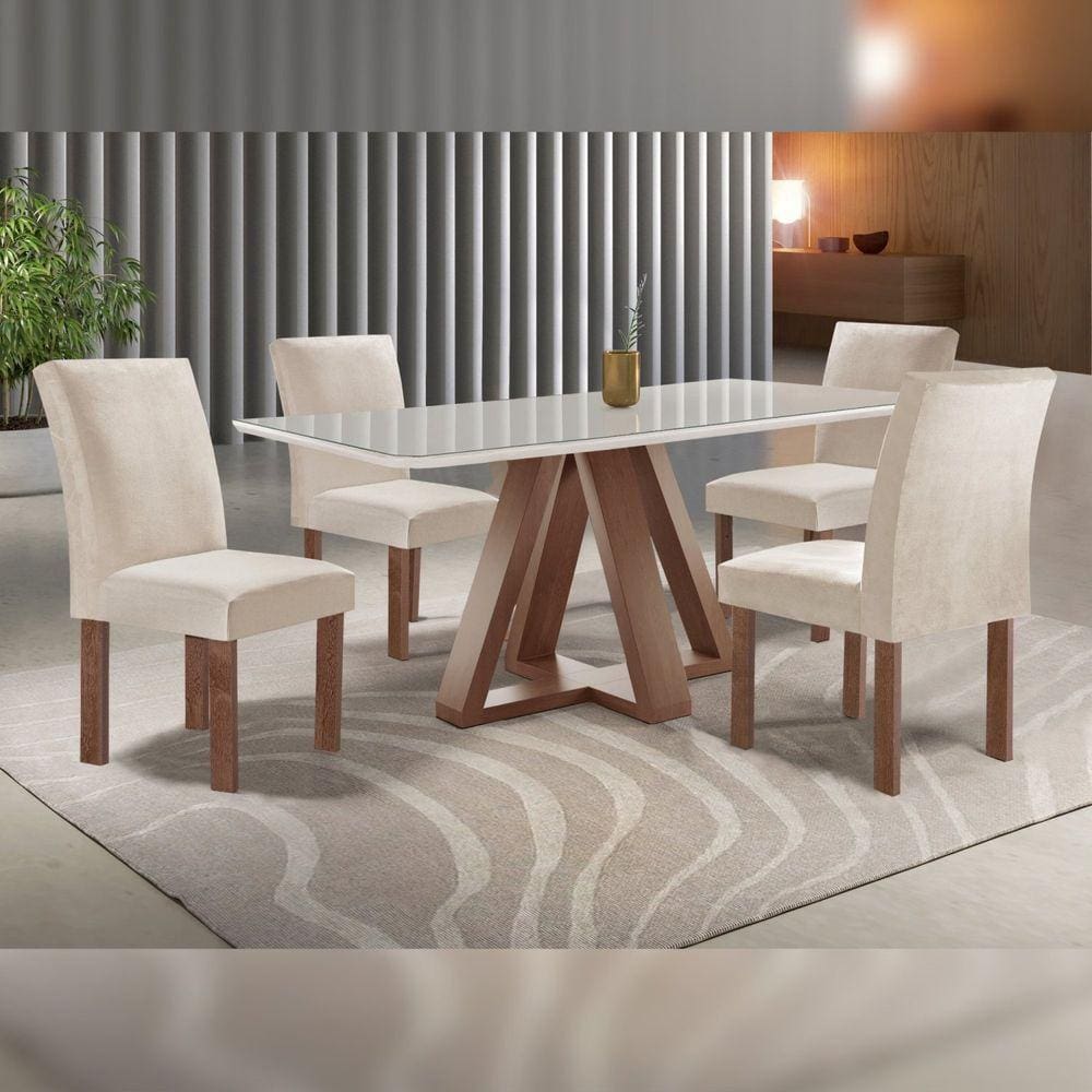 Conjunto Mesa Tampo Smart Plus Vidro Kyra 120cmx90cm 4 Cadeiras Canela Chocolate/Off White/Suede Bege