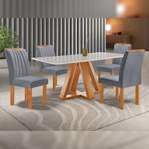 Conjunto Mesa Tampo Smart Plus Vidro Kyra 120cmx90cm 4 Cadeiras Arizona Cinamomo/Off White/Suede Cinza