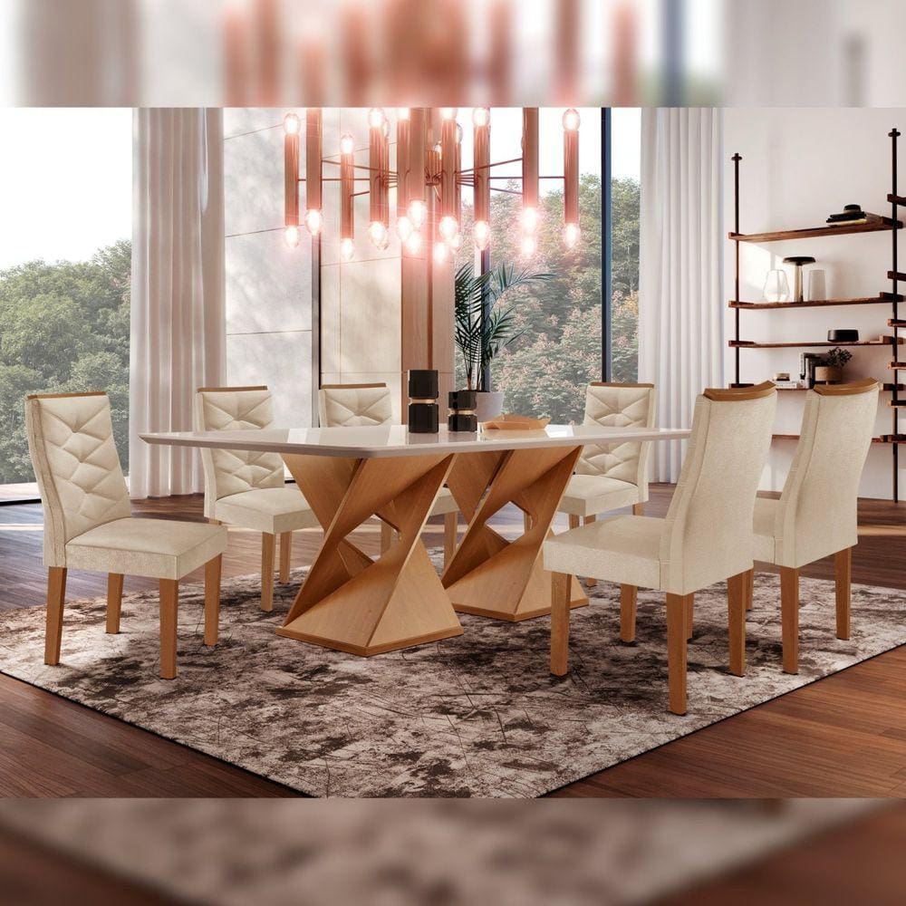 Mesa Tampo Smart Plus Vidro 170cmx90cm 6 Cadeiras Barcelona Cinamomo/Off White/Suede Pena