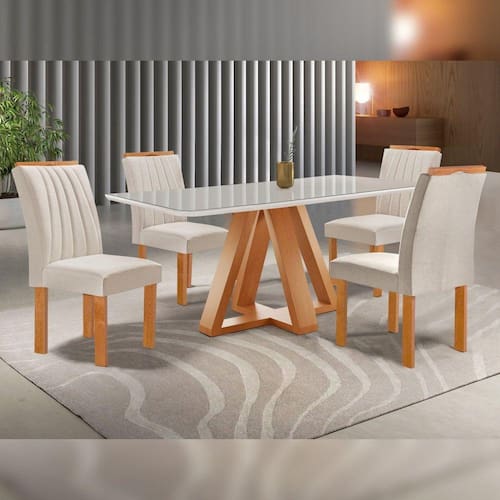 Conjunto Mesa Tampo Smart Plus Vidro Kyra 120cmx90cm 4 Cadeiras Arizona Cinamomo/Off White/Suede Bege - Bege