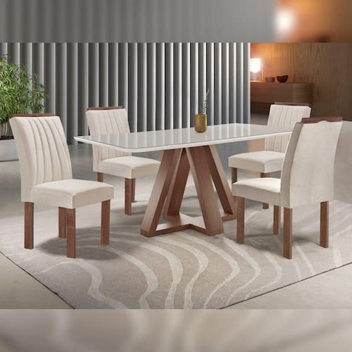 Conjunto Mesa Tampo Smart Plus Vidro Kyra 120cmx90cm 4 Cadeiras Arizona Chocolate/Off White/Suede Bege - Bege