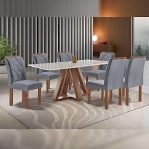 Conjunto Mesa Tampo Smart Plus Vidro Kyra 170cmx90cm 6 Cadeiras Arthus Chocolate/Off White/Suede Cinza