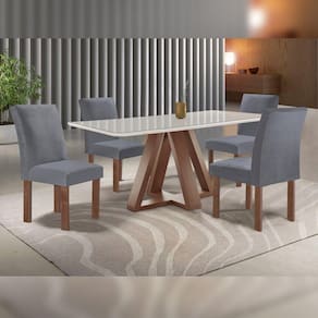 Conjunto Mesa Tampo Smart Plus Vidro Kyra 120cmx90cm 4 Cadeiras Canela Chocolate/Off White/Suede Cinza