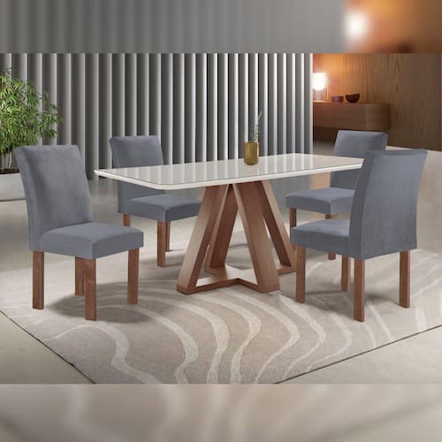 Conjunto Mesa Tampo Smart Plus Vidro Kyra 120cmx90cm 4 Cadeiras Canela Chocolate/Off White/Suede Cinza - Cinza