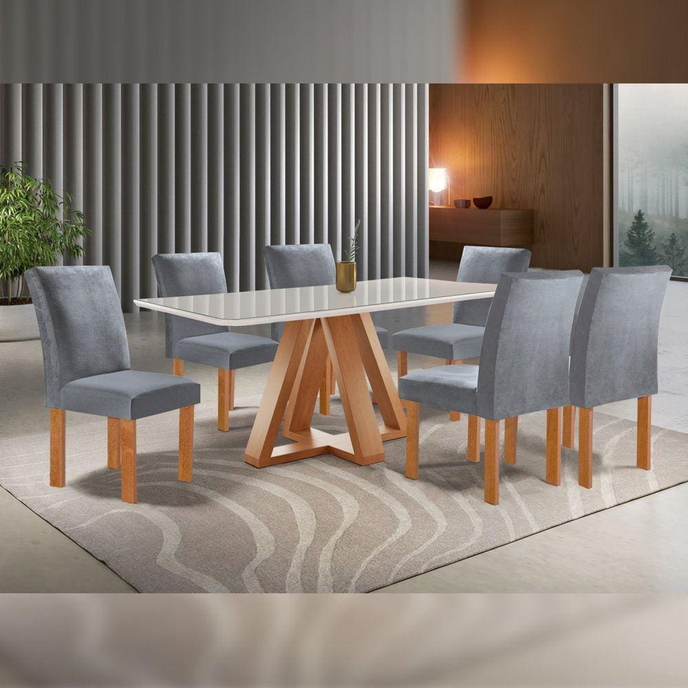 Conjunto Mesa Tampo Smart Plus Vidro Kyra 170cmx90cm 6 Cadeiras Canela Cinamomo/Off White/Suede Cinza