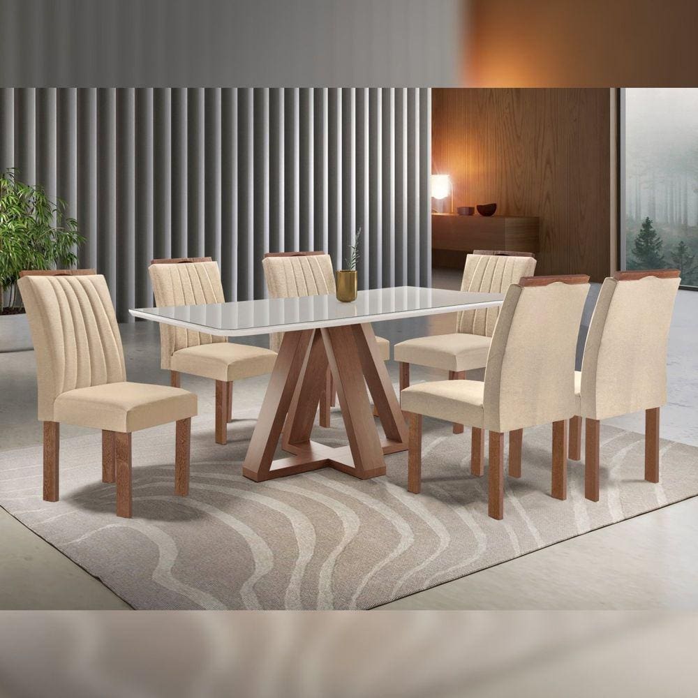Conjunto Mesa Tampo Smart Plus Vidro Kyra 170cmx90cm 6 cadeiras Arizona Chocolate/Off White/Suede Cru