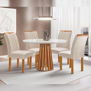 Conjunto Mesa Tampo Redondo Plus Vidro Kansas 100cm 4 Cadeiras Arizona Cinamomo/Off White/Suede Bege