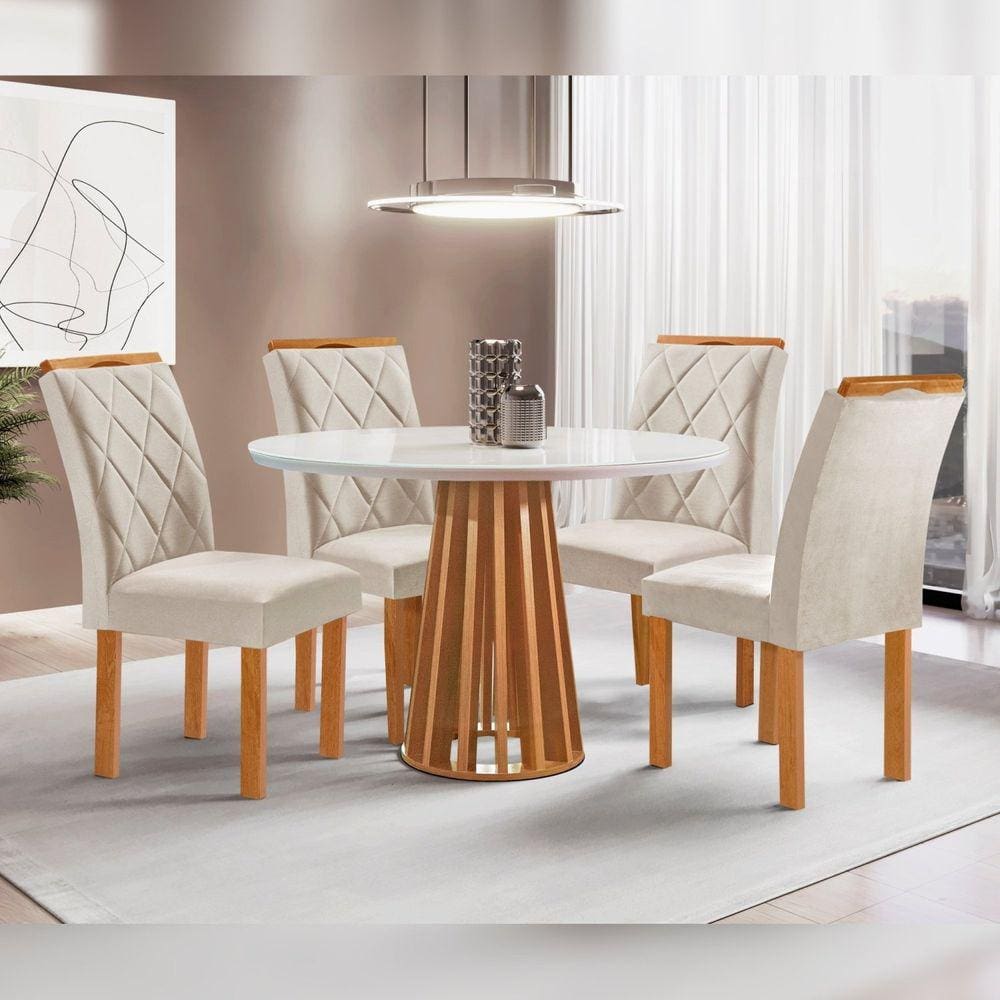 Conjunto Mesa Tampo Redondo Plus Vidro Kansas 100cm 4 Cadeiras Arthus Cinamomo/Off White/Suede Bege
