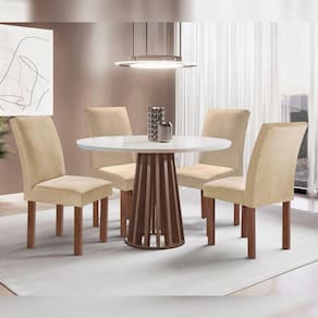 Conjunto Mesa Tampo Redondo Pluis Vidro Kansas 100cm 4 Cadeiras Canela Chocolate/Off White/Suede Cru