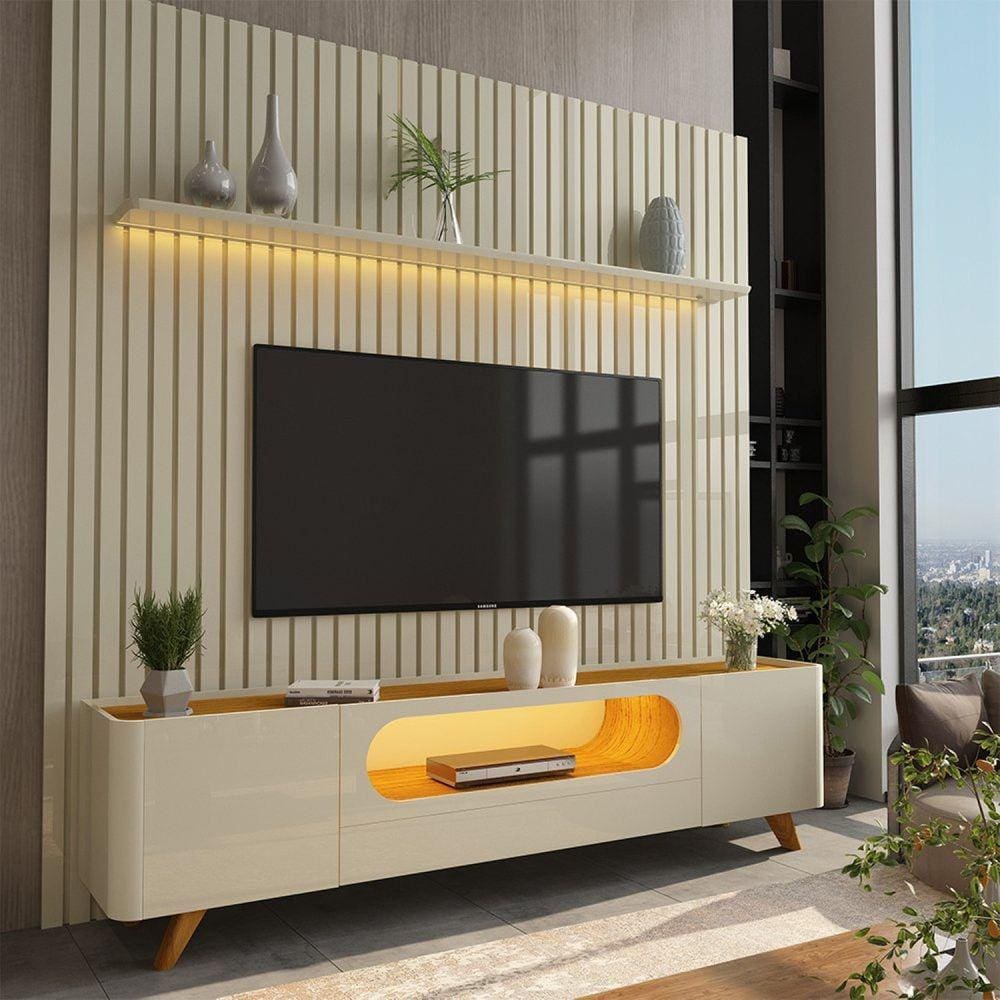 Rack com Painel Ripado para TV até 85 Polegadas 1 Gaveta 2 Portas 1 Prateleira com LED 230cm Nobre Off White/Marromle