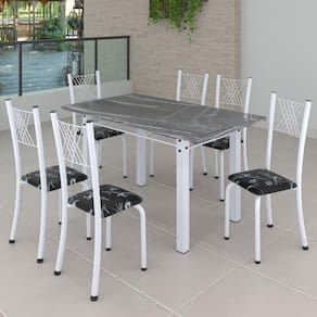 Conjunto de Jantar Mesa 140x75cm Tampo de Granito Topázio com 6 Cadeiras Sara Yescasa Preto Floral/Branco