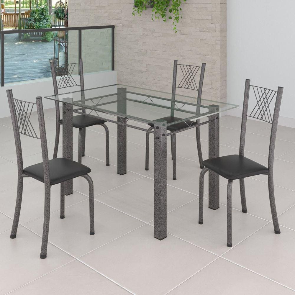 Conjunto de Jantar Mesa 120x75cm Tampo de Vidro Incolor com 4 Cadeiras Sara Yescasa Preto Liso/Mart Prata