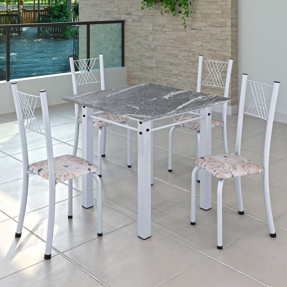 Conjunto de Jantar Mesa 70x70cm Tampo de Granito Topázio com 4 Cadeiras Sara Yescasa Botanic Bege/Branco