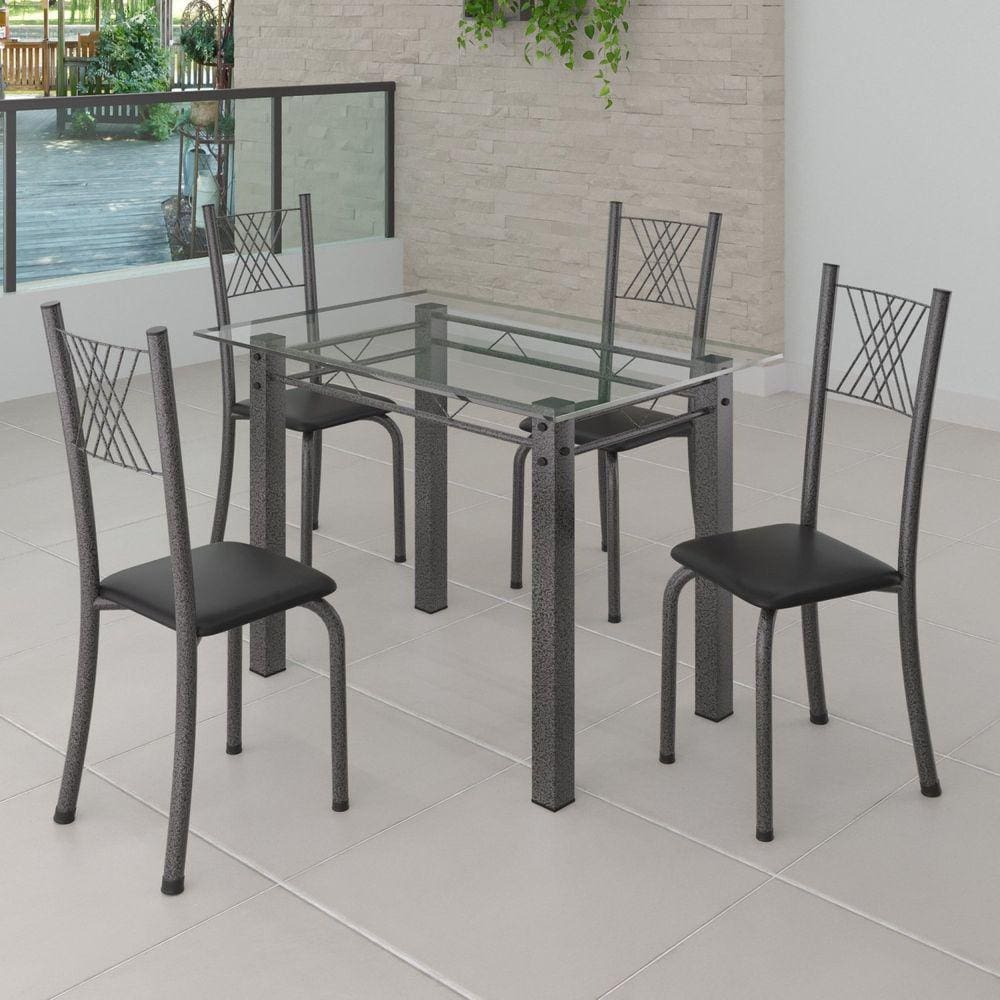 Conjunto de Jantar Mesa 100x60cm Tampo de Vidro Incolor com 4 Cadeiras Sara Yescasa Preto Liso/Mart Prata