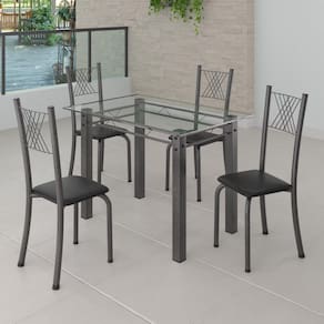 Conjunto de Jantar Mesa 100x60cm Tampo de Vidro Incolor com 4 Cadeiras Sara Yescasa Preto Liso/Mart Prata
