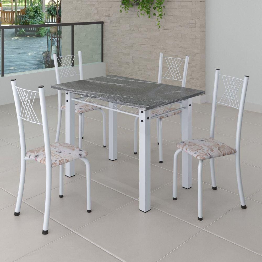Conjunto de Jantar Mesa 100x60cm Tampo de Granito Topázio com 4 Cadeiras Sara Yescasa Botanic Bege/Branco