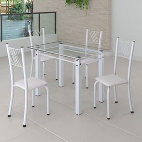 Conjunto de Jantar Mesa 100x60cm Tampo de Vidro Incolor com 4 Cadeiras Sara Yescasa Branco Liso/Branco