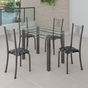 Conjunto de Jantar Mesa 100x60cm Tampo de Vidro Incolor com 4 Cadeiras Sara Yescasa Preto Floral/Mart Prata