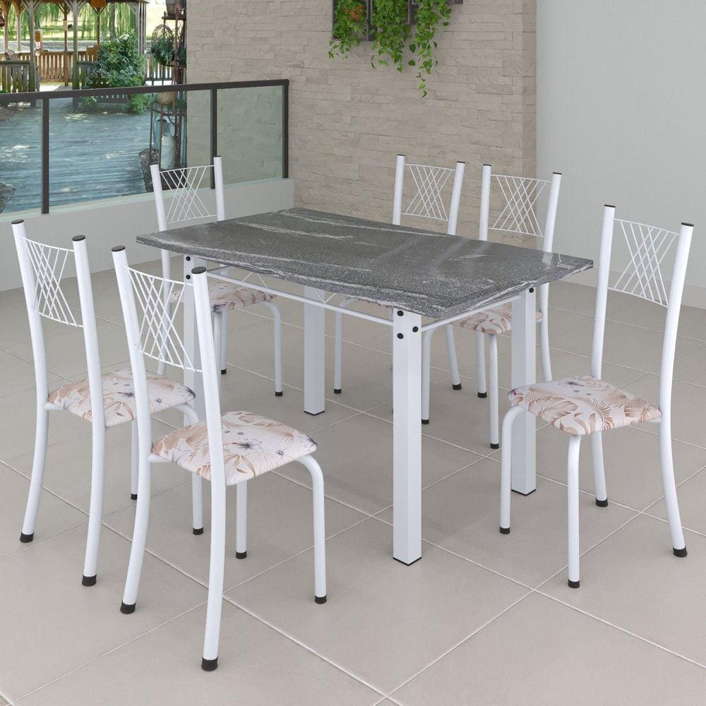 Conjunto de Jantar Mesa 140x75cm Tampo de Granito Topázio com 6 Cadeiras Sara Yescasa Botanic Bege/Branco