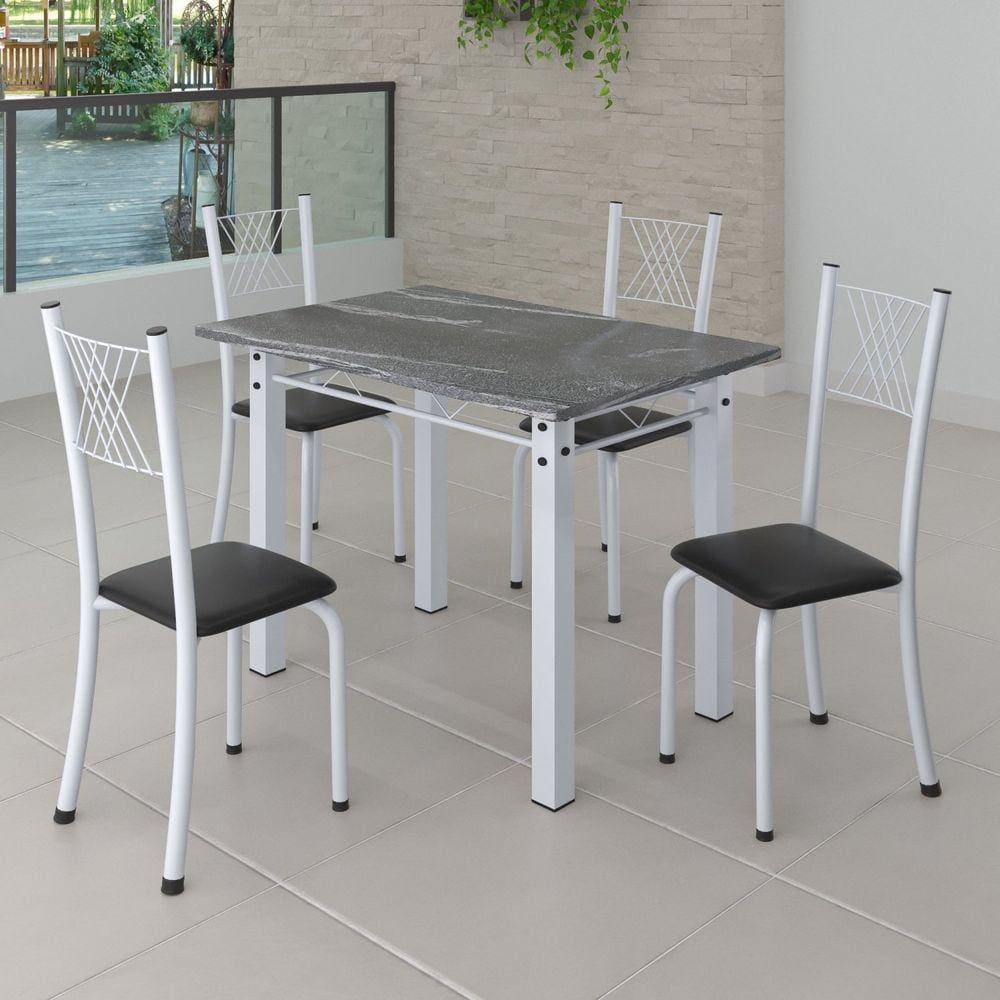 Conjunto de Jantar Mesa 100x60cm Tampo de Granito Topázio com 4 Cadeiras Sara Yescasa Branco Liso/Branco