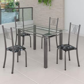 Conjunto de Jantar Mesa 120x75cm Tampo de Vidro Incolor com 4 Cadeiras Sara Yescasa Preto Floral/Mart Prata