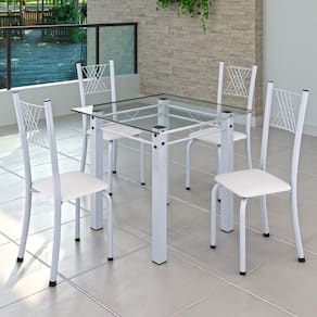 Conjunto de Jantar Mesa 75x75cm Tampo de Vidro Incolor com 4 Cadeiras Sara Yescasa Branco Liso/Branco