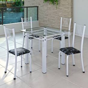 Conjunto de Jantar Mesa 75x75cm Tampo de Vidro Incolor com 4 Cadeiras Sara Yescasa Preto Floral/Branco