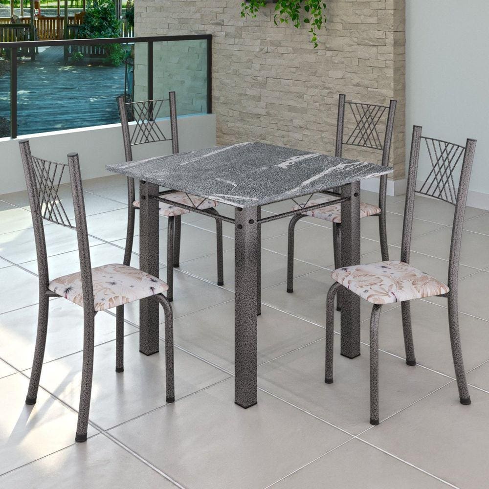 Conjunto de Jantar Mesa 70x70cm Tampo de Granito Topázio com 4 Cadeiras Sara Yescasa Botanic Bege/Mart Prata