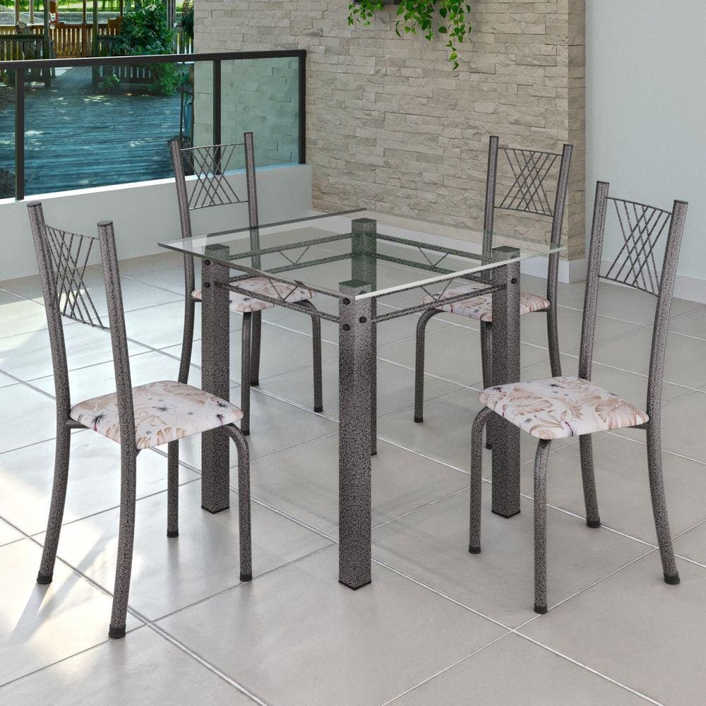 Conjunto de Jantar Mesa 75x75cm Tampo de Vidro Incolor com 4 Cadeiras Sara Yescasa Botanic Bege/Mart Prata
