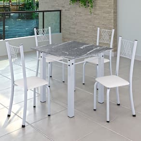 Conjunto de Jantar Mesa 70x70cm Tampo de Granito Topázio com 4 Cadeiras Sara Yescasa Branco Liso/Branco