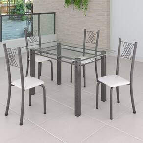 Conjunto de Jantar Mesa 120x75cm Tampo de Vidro Incolor com 4 Cadeiras Sara Yescasa Branco Liso/Mart Prata