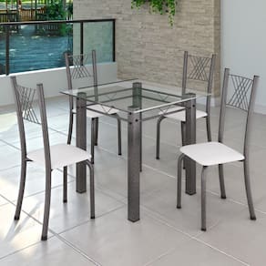 Conjunto de Jantar Mesa 75x75cm Tampo de Vidro Incolor com 4 Cadeiras Sara Yescasa Branco Liso/Mart Prata