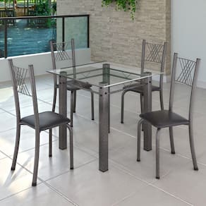 Conjunto de Jantar Mesa 75x75cm Tampo de Vidro Incolor com 4 Cadeiras Sara Yescasa Preto Liso/Mart Prata