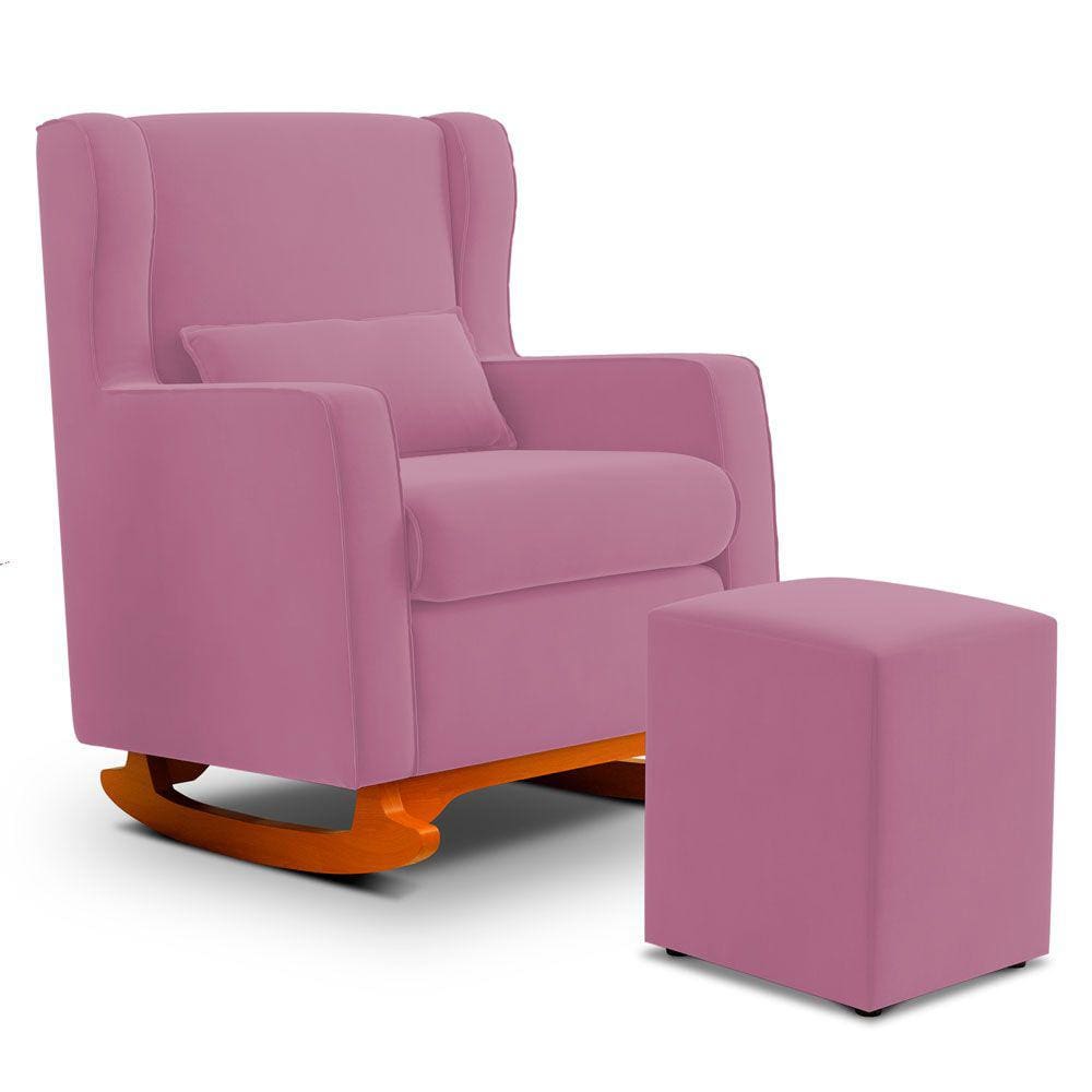 Poltrona de Amamentação e Descanso Zoe com Base Balanço e Puff Suede Rosa - Desk Design