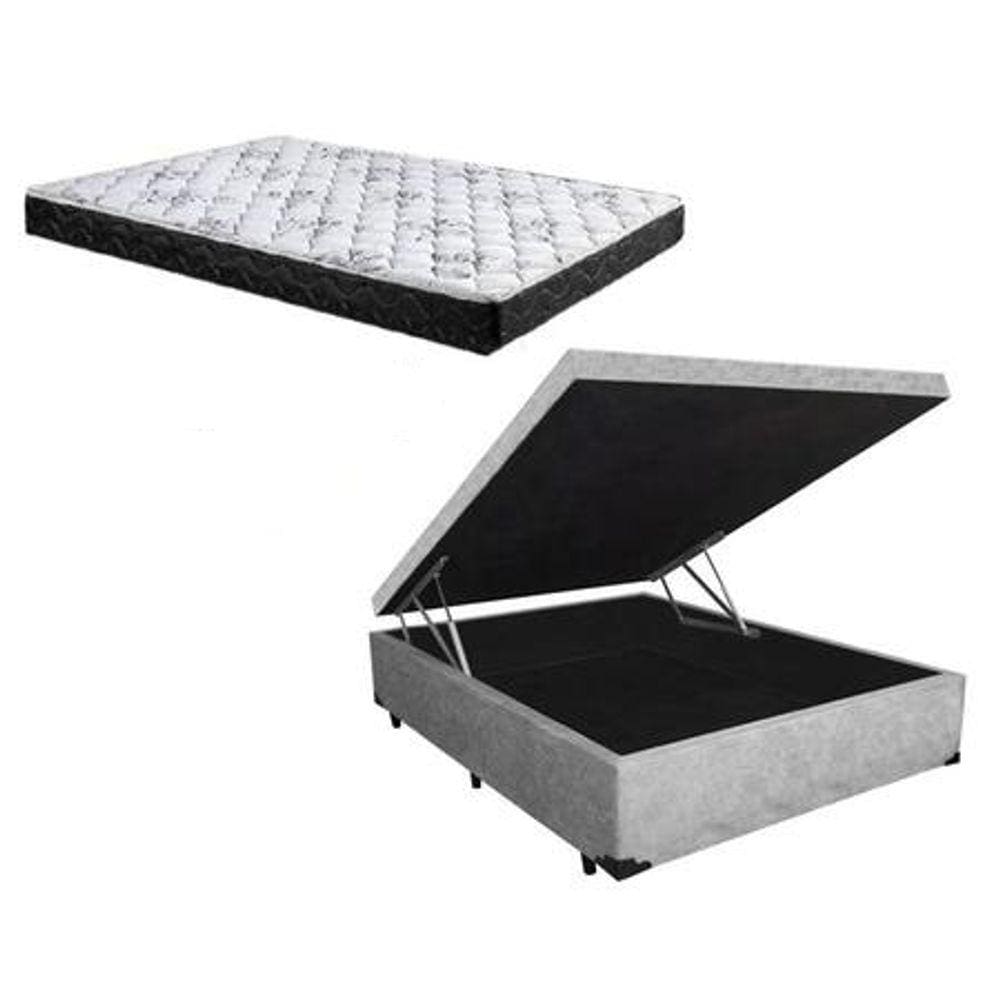 Cama Box Baú Casal Conforto Sintético Cinza + Colchão Casal Conforto Espuma D33 Com EPS 24x138x188