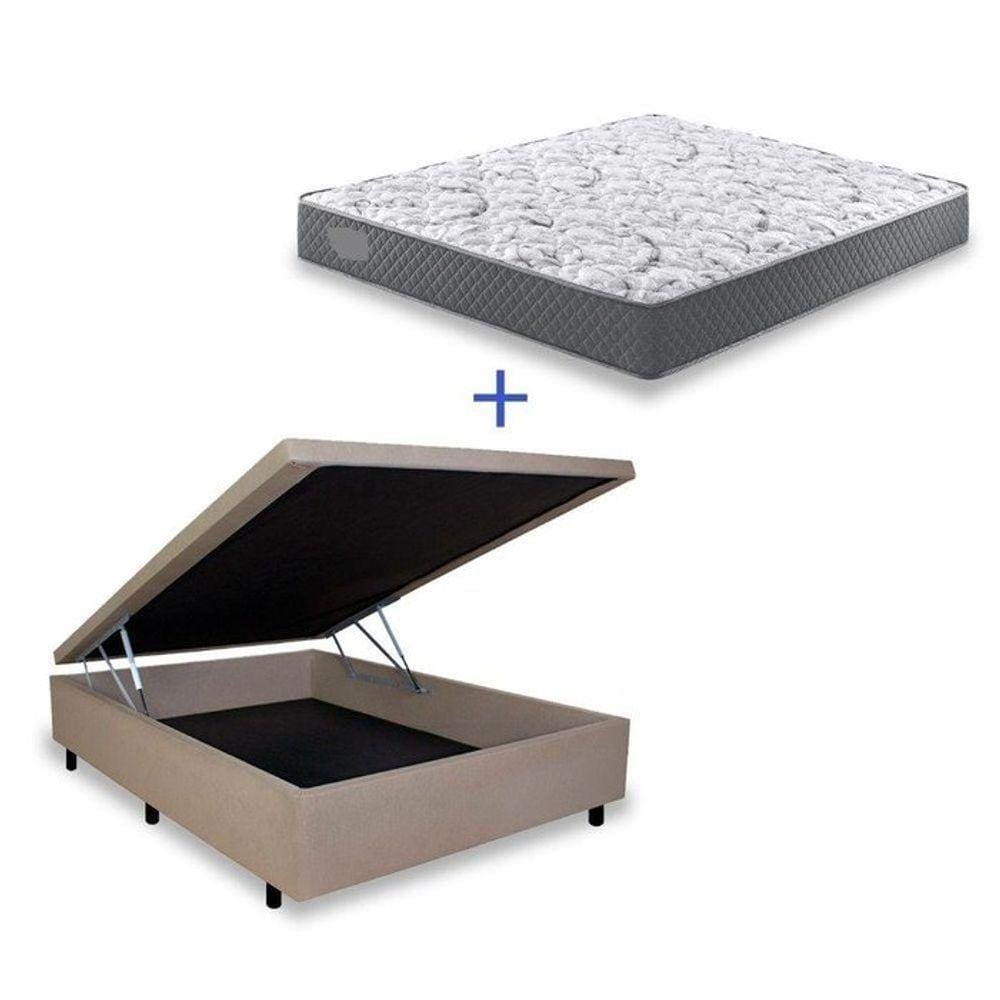 Cama Box Baú Casal Conforto Suede Bege + Colchão Casal Conforto Espuma D23 Com EPS 17x138x188