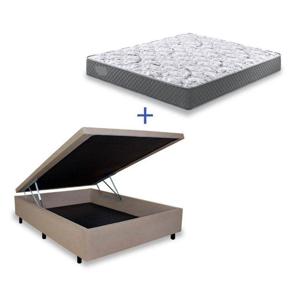 Cama Box Baú Casal Conforto Suede Bege + Colchão Casal Conforto Espuma D33 Com EPS 17x138x188
