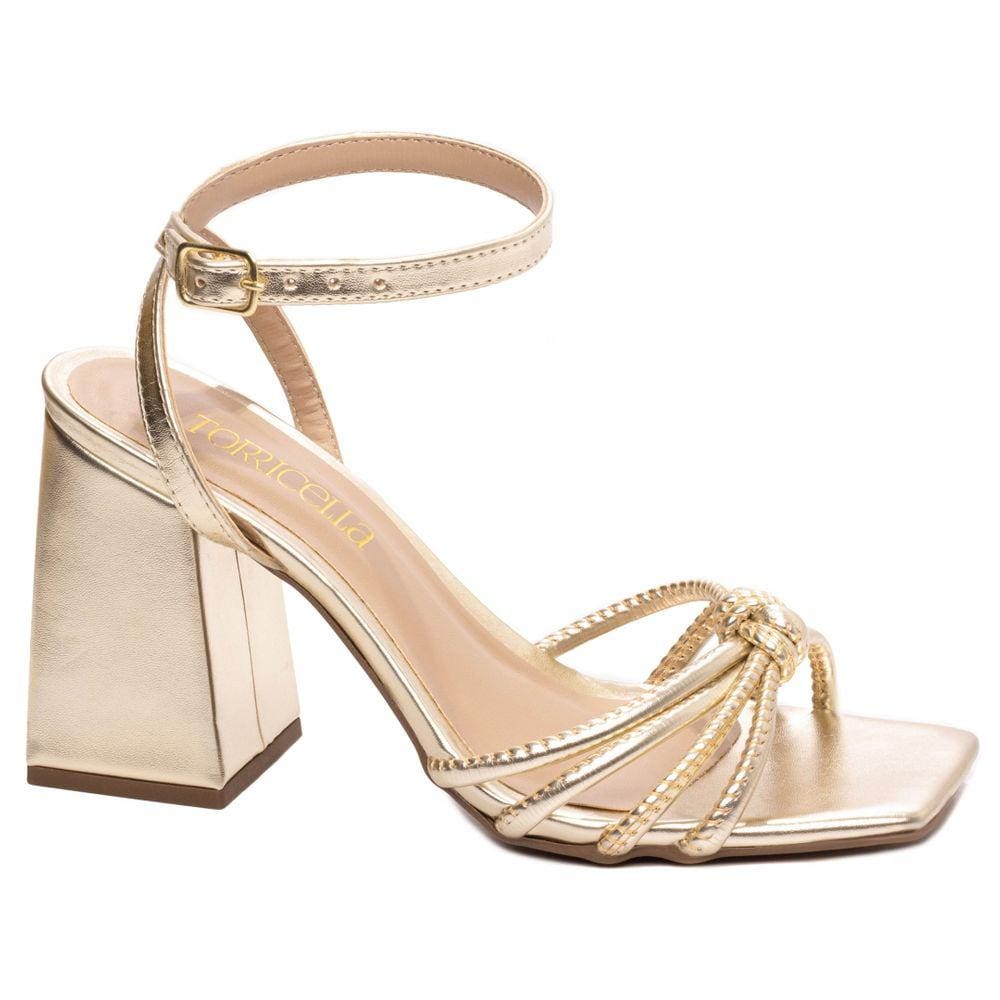Sandália Feminina Salto Grosso Metal Ouro Light Amarelo Torricella