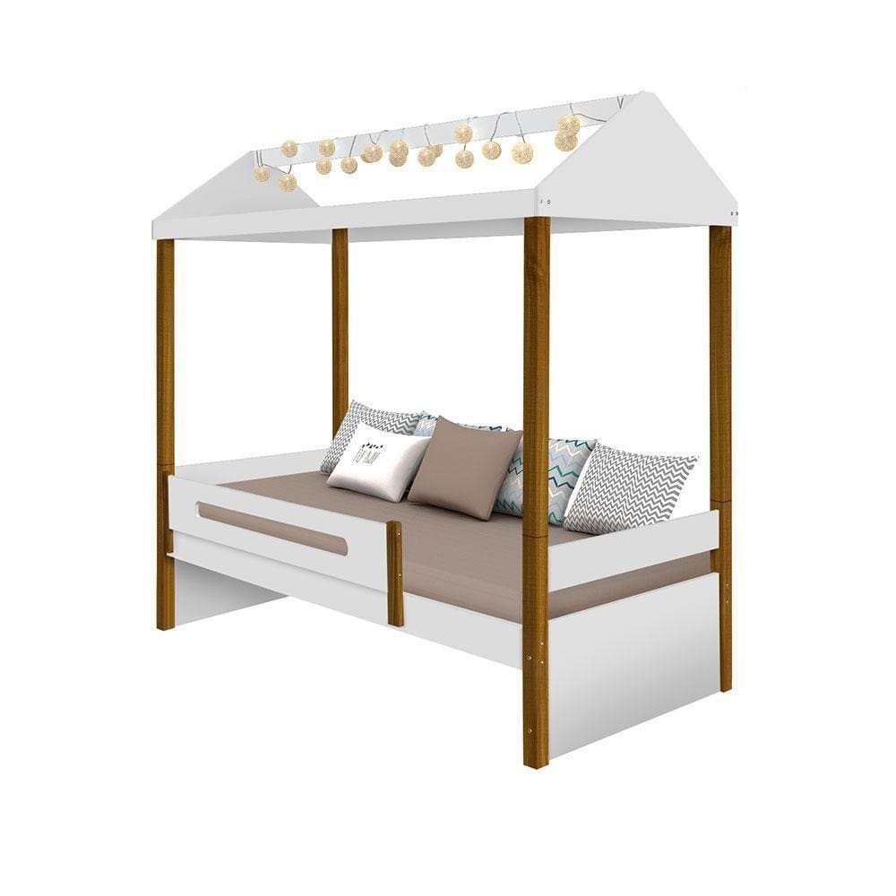 Cama Infantil Solteiro Sara com Led - Branco e Amêndoa - Branco