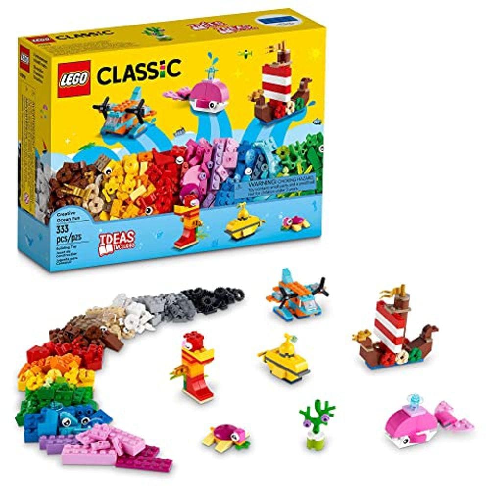Kit de montagem LEGO Classic Creative Ocean Fun 11018; com 6 mini construções, incluindo um navio viking e um  amarelo, além de tijolos extras para br