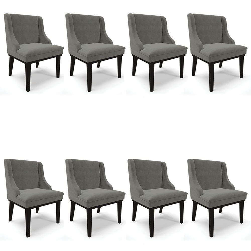 Kit 8 Cadeiras Estofadas Para Sala De Jantar Base Fixa De Madeira Preto Lia Suede Grafite - Ibiza